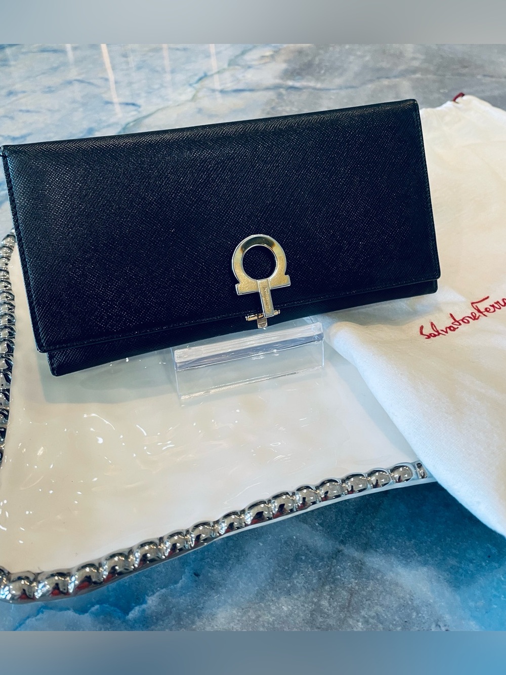 Salvatore Ferragamo Black Leather Gancini Continental Wallet